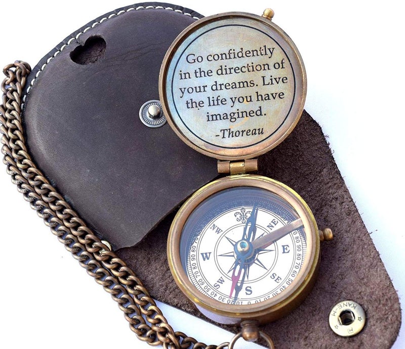 THOR INSTRUMENTS Thoreau's Go Confidently Quote Engraved Nautical Compass with Stamped Leather case, Camping, Boating, Gift Compasses Graduation Day Gifts Rustic Vintage Home Decor Gifts - Image 1